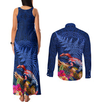 New Zealand Tuatara Couples Matching Tank Maxi Dress and Long Sleeve Button Shirt Silver Fern Hibiscus and Tribal Maori Pattern Blue Color LT03 - Polynesian Pride