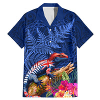 New Zealand Tuatara Family Matching Mermaid Dress and Hawaiian Shirt Silver Fern Hibiscus and Tribal Maori Pattern Blue Color LT03 Dad's Shirt - Short Sleeve Blue - Polynesian Pride