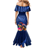 New Zealand Tuatara Family Matching Mermaid Dress and Hawaiian Shirt Silver Fern Hibiscus and Tribal Maori Pattern Blue Color LT03 - Polynesian Pride