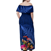 New Zealand Tuatara Family Matching Off Shoulder Maxi Dress and Hawaiian Shirt Silver Fern Hibiscus and Tribal Maori Pattern Blue Color LT03 - Polynesian Pride