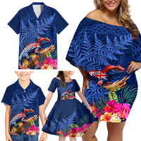 New Zealand Tuatara Family Matching Off Shoulder Short Dress and Hawaiian Shirt Silver Fern Hibiscus and Tribal Maori Pattern Blue Color LT03 - Polynesian Pride