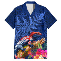 New Zealand Tuatara Family Matching Off Shoulder Short Dress and Hawaiian Shirt Silver Fern Hibiscus and Tribal Maori Pattern Blue Color LT03 Dad's Shirt - Short Sleeve Blue - Polynesian Pride
