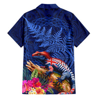 New Zealand Tuatara Family Matching Short Sleeve Bodycon Dress and Hawaiian Shirt Silver Fern Hibiscus and Tribal Maori Pattern Blue Color LT03 - Polynesian Pride