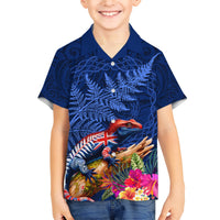 New Zealand Tuatara Family Matching Short Sleeve Bodycon Dress and Hawaiian Shirt Silver Fern Hibiscus and Tribal Maori Pattern Blue Color LT03 Son's Shirt Blue - Polynesian Pride