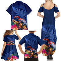 New Zealand Tuatara Family Matching Summer Maxi Dress and Hawaiian Shirt Silver Fern Hibiscus and Tribal Maori Pattern Blue Color LT03 - Polynesian Pride