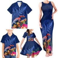 New Zealand Tuatara Family Matching Tank Maxi Dress and Hawaiian Shirt Silver Fern Hibiscus and Tribal Maori Pattern Blue Color LT03 - Polynesian Pride