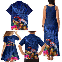 New Zealand Tuatara Family Matching Tank Maxi Dress and Hawaiian Shirt Silver Fern Hibiscus and Tribal Maori Pattern Blue Color LT03 - Polynesian Pride