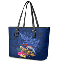 New Zealand Tuatara Leather Tote Bag Silver Fern Hibiscus and Tribal Maori Pattern Blue Color LT03 - Polynesian Pride