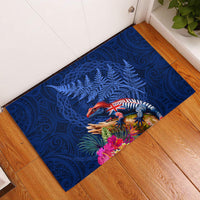New Zealand Tuatara Rubber Doormat Silver Fern Hibiscus and Tribal Maori Pattern Blue Color LT03 Blue - Polynesian Pride