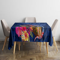 New Zealand Tuatara Tablecloth Silver Fern Hibiscus and Tribal Maori Pattern Blue Color