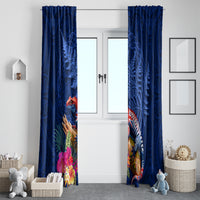 New Zealand Tuatara Window Curtain Silver Fern Hibiscus and Tribal Maori Pattern Blue Color