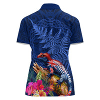 New Zealand Tuatara Women Polo Shirt Silver Fern Hibiscus and Tribal Maori Pattern Blue Color