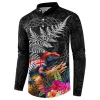 New Zealand Tuatara Button Sweatshirt Silver Fern Hibiscus and Tribal Maori Pattern Black Color LT03 - Polynesian Pride