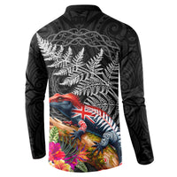 New Zealand Tuatara Button Sweatshirt Silver Fern Hibiscus and Tribal Maori Pattern Black Color LT03 - Polynesian Pride