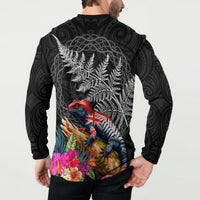 New Zealand Tuatara Button Sweatshirt Silver Fern Hibiscus and Tribal Maori Pattern Black Color LT03 - Polynesian Pride