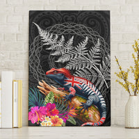 New Zealand Tuatara Canvas Wall Art Silver Fern Hibiscus and Tribal Maori Pattern Black Color LT03 Without Frame Black - Polynesian Pride