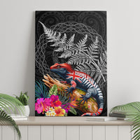 New Zealand Tuatara Canvas Wall Art Silver Fern Hibiscus and Tribal Maori Pattern Black Color LT03 - Polynesian Pride