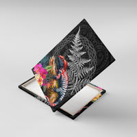 New Zealand Tuatara Canvas Wall Art Silver Fern Hibiscus and Tribal Maori Pattern Black Color LT03 With Frame Black - Polynesian Pride