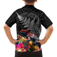 New Zealand Tuatara Family Matching Off Shoulder Maxi Dress and Hawaiian Shirt Silver Fern Hibiscus and Tribal Maori Pattern Black Color LT03 - Polynesian Pride