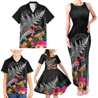 New Zealand Tuatara Family Matching Tank Maxi Dress and Hawaiian Shirt Silver Fern Hibiscus and Tribal Maori Pattern Black Color LT03 - Polynesian Pride