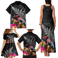 New Zealand Tuatara Family Matching Tank Maxi Dress and Hawaiian Shirt Silver Fern Hibiscus and Tribal Maori Pattern Black Color LT03 - Polynesian Pride