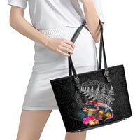 New Zealand Tuatara Leather Tote Bag Silver Fern Hibiscus and Tribal Maori Pattern Black Color LT03 - Polynesian Pride