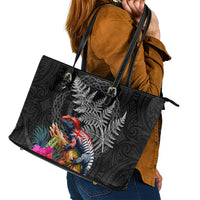 New Zealand Tuatara Leather Tote Bag Silver Fern Hibiscus and Tribal Maori Pattern Black Color LT03 - Polynesian Pride