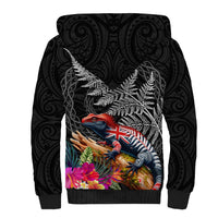 New Zealand Tuatara Sherpa Hoodie Silver Fern Hibiscus and Tribal Maori Pattern Black Color LT03 - Polynesian Pride