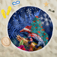New Zealand Tuatara Christmas Beach Blanket Silver Fern and Xmas Pohutukawa Tree Blue Color