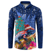 New Zealand Tuatara Christmas Button Sweatshirt Silver Fern and Xmas Pohutukawa Tree Blue Color LT03 Blue - Polynesian Pride