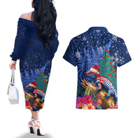 New Zealand Tuatara Christmas Couples Matching Off The Shoulder Long Sleeve Dress and Hawaiian Shirt Silver Fern and Xmas Pohutukawa Tree Blue Color