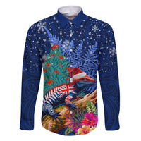 New Zealand Tuatara Christmas Family Matching Long Sleeve Bodycon Dress and Hawaiian Shirt Silver Fern and Xmas Pohutukawa Tree Blue Color