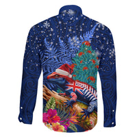 New Zealand Tuatara Christmas Family Matching Off Shoulder Maxi Dress and Hawaiian Shirt Silver Fern and Xmas Pohutukawa Tree Blue Color LT03 - Polynesian Pride