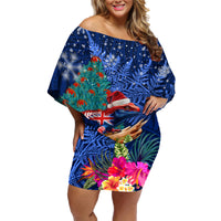 New Zealand Tuatara Christmas Family Matching Off Shoulder Short Dress and Hawaiian Shirt Silver Fern and Xmas Pohutukawa Tree Blue Color LT03 Mom's Dress Blue - Polynesian Pride