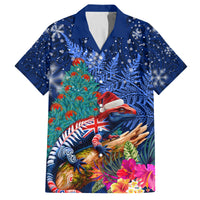 New Zealand Tuatara Christmas Family Matching Puletasi and Hawaiian Shirt Silver Fern and Xmas Pohutukawa Tree Blue Color LT03 Dad's Shirt - Short Sleeve Blue - Polynesian Pride