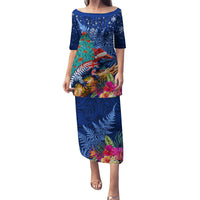 New Zealand Tuatara Christmas Family Matching Puletasi and Hawaiian Shirt Silver Fern and Xmas Pohutukawa Tree Blue Color LT03 Mom's Dress Blue - Polynesian Pride