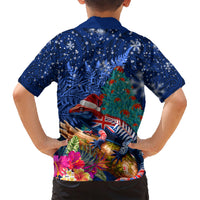 New Zealand Tuatara Christmas Family Matching Short Sleeve Bodycon Dress and Hawaiian Shirt Silver Fern and Xmas Pohutukawa Tree Blue Color LT03 - Polynesian Pride