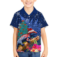 New Zealand Tuatara Christmas Family Matching Short Sleeve Bodycon Dress and Hawaiian Shirt Silver Fern and Xmas Pohutukawa Tree Blue Color LT03 Son's Shirt Blue - Polynesian Pride