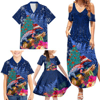 New Zealand Tuatara Christmas Family Matching Summer Maxi Dress and Hawaiian Shirt Silver Fern and Xmas Pohutukawa Tree Blue Color LT03 - Polynesian Pride