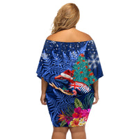 New Zealand Tuatara Christmas Off Shoulder Short Dress Silver Fern and Xmas Pohutukawa Tree Blue Color