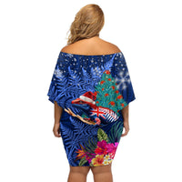 New Zealand Tuatara Christmas Off Shoulder Short Dress Silver Fern and Xmas Pohutukawa Tree Blue Color