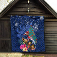 New Zealand Tuatara Christmas Quilt Silver Fern and Xmas Pohutukawa Tree Blue Color LT03 - Polynesian Pride
