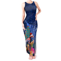 New Zealand Tuatara Christmas Tank Maxi Dress Silver Fern and Xmas Pohutukawa Tree Blue Color LT03 Women Blue - Polynesian Pride