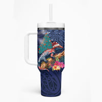 New Zealand Tuatara Christmas Tumbler With Handle Silver Fern and Xmas Pohutukawa Tree Blue Color
