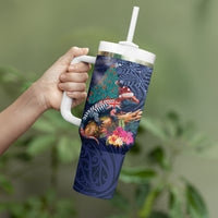 New Zealand Tuatara Christmas Tumbler With Handle Silver Fern and Xmas Pohutukawa Tree Blue Color