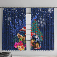 New Zealand Tuatara Christmas Window Curtain Silver Fern and Xmas Pohutukawa Tree Blue Color LT03 With Hooks Blue - Polynesian Pride