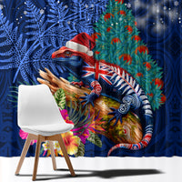 New Zealand Tuatara Christmas Window Curtain Silver Fern and Xmas Pohutukawa Tree Blue Color LT03 - Polynesian Pride