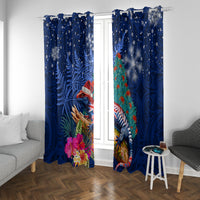 New Zealand Tuatara Christmas Window Curtain Silver Fern and Xmas Pohutukawa Tree Blue Color LT03 With Grommets Blue - Polynesian Pride