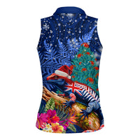 New Zealand Tuatara Christmas Women Sleeveless Polo Shirt Silver Fern and Xmas Pohutukawa Tree Blue Color LT03 - Polynesian Pride