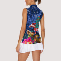 New Zealand Tuatara Christmas Women Sleeveless Polo Shirt Silver Fern and Xmas Pohutukawa Tree Blue Color LT03 - Polynesian Pride